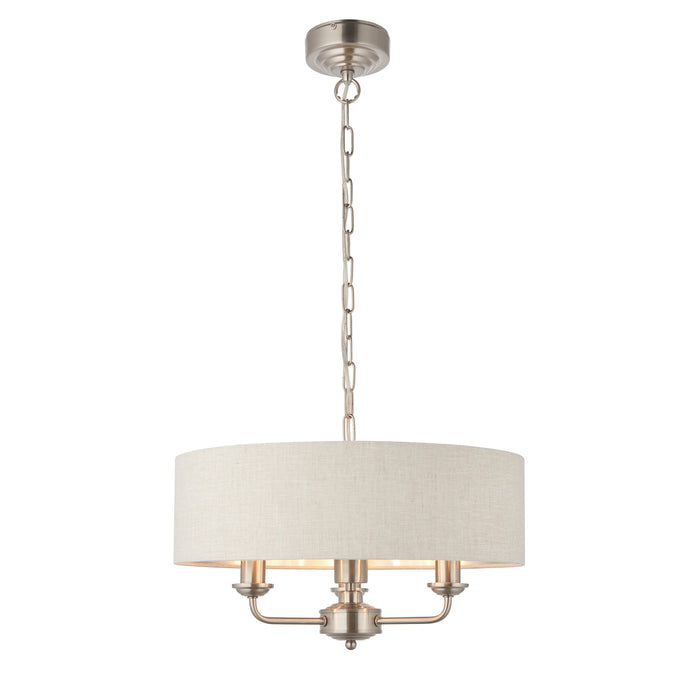 Endon 94361 Highclere 3lt Pendant Brushed chrome plate & natural linen 3 x 40W E14 candle (Required) - westbasedirect.com