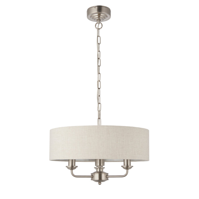 Endon 94361 Highclere 3lt Pendant Brushed chrome plate & natural linen 3 x 40W E14 candle (Required) - westbasedirect.com