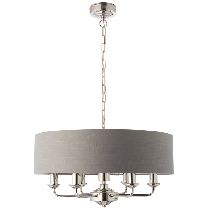 Endon 94373 Highclere 6lt Pendant Bright nickel plate & charcoal fabric 6 x 40W E14 candle (Required) - westbasedirect.com