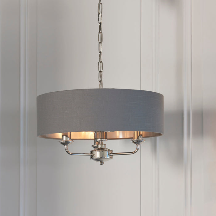 Endon 94377 Highclere 3lt Pendant Bright nickel plate & charcoal fabric 3 x 40W E14 candle (Required) - westbasedirect.com