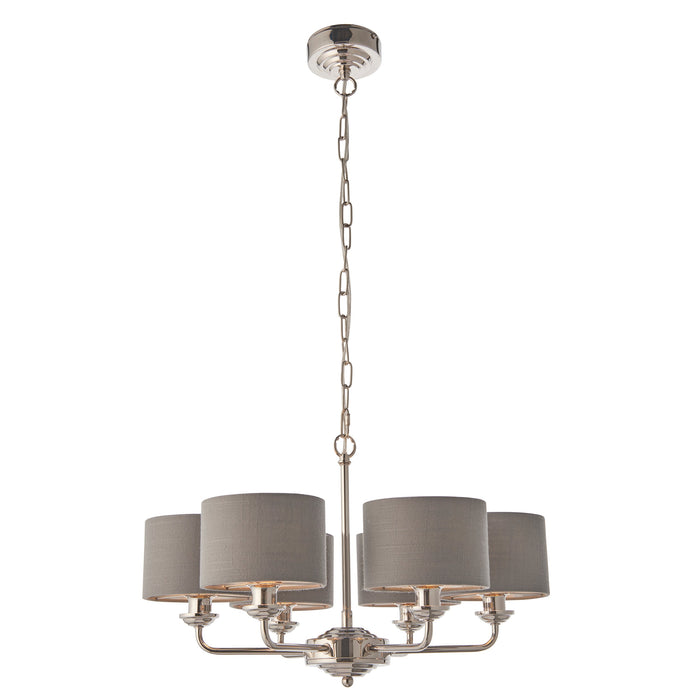 Endon 94381 Highclere 6lt Pendant Bright nickel plate & charcoal fabric 6 x 28W E14 Eco golf (Required) - westbasedirect.com