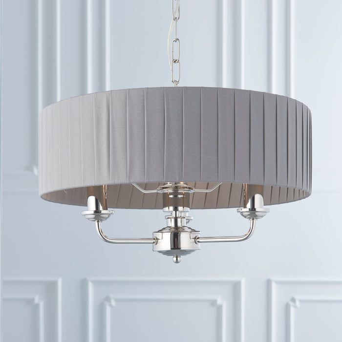 Endon 94394 Highclere 3lt Pendant Bright nickel plate & charcoal fabric 3 x 40W E14 candle (Required) - westbasedirect.com