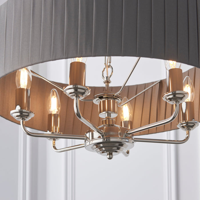 Endon 94397 Highclere 6lt Pendant Bright nickel plate & charcoal fabric 6 x 40W E14 candle (Required) - westbasedirect.com