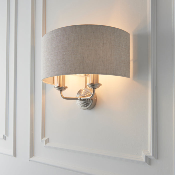 Endon 94403 Highclere 2lt Wall Brushed chrome plate & natural linen 2 x 40W E14 candle (Required) - westbasedirect.com