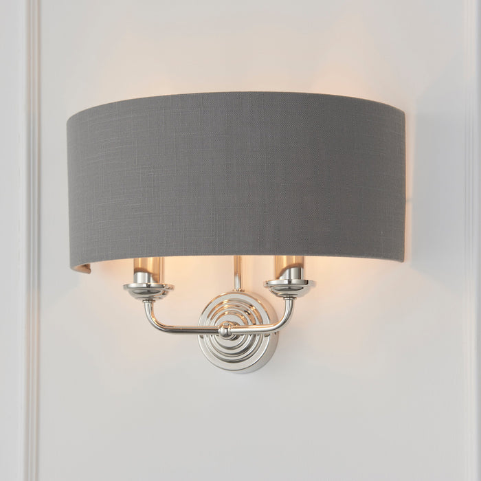 Endon 94406 Highclere 2lt Wall Bright nickel plate & charcoal fabric 2 x 40W E14 candle (Required) - westbasedirect.com