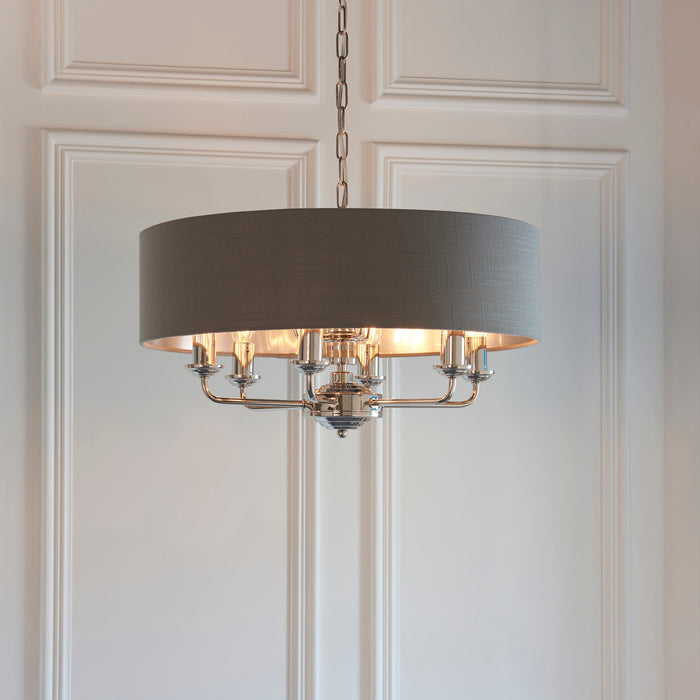 Endon 94415 Highclere 8lt Pendant Bright nickel plate & charcoal fabric 8 x 40W E14 candle (Required) - westbasedirect.com