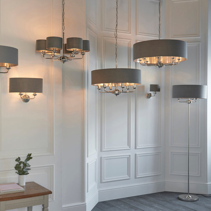 Endon 94415 Highclere 8lt Pendant Bright nickel plate & charcoal fabric 8 x 40W E14 candle (Required) - westbasedirect.com