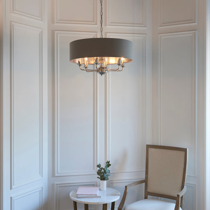 Endon 94415 Highclere 8lt Pendant Bright nickel plate & charcoal fabric 8 x 40W E14 candle (Required) - westbasedirect.com