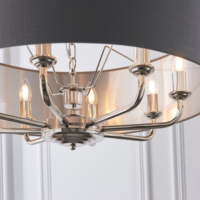 Endon 94415 Highclere 8lt Pendant Bright nickel plate & charcoal fabric 8 x 40W E14 candle (Required) - westbasedirect.com