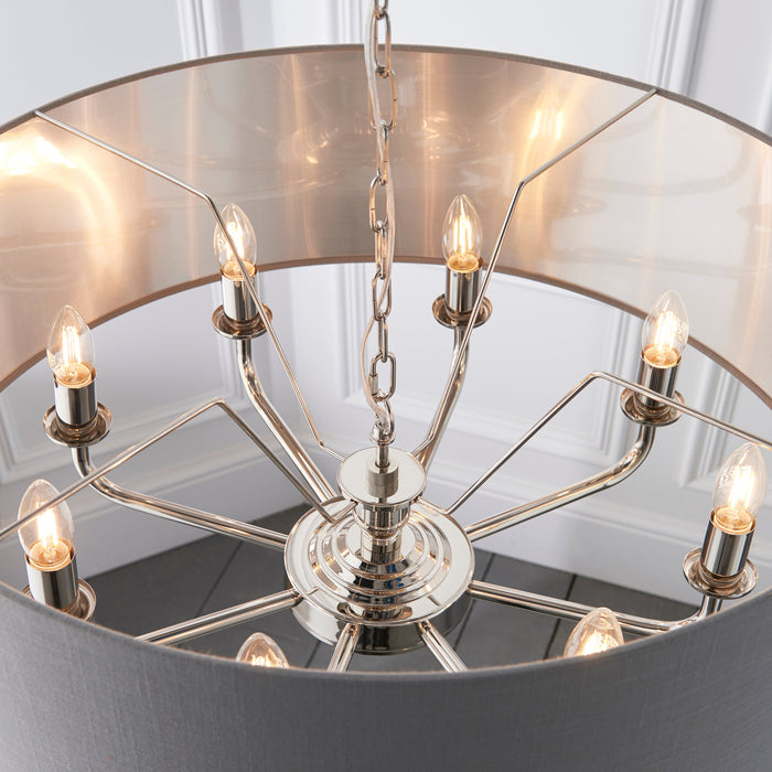 Endon 94415 Highclere 8lt Pendant Bright nickel plate & charcoal fabric 8 x 40W E14 candle (Required) - westbasedirect.com