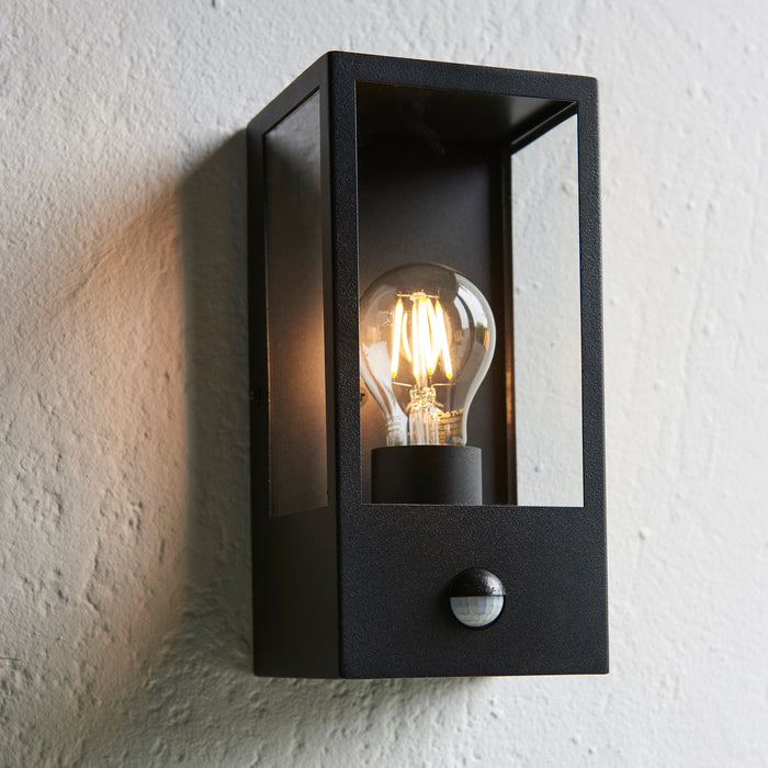 Endon 94995 Oxford PIR 1lt Wall Matt black & clear glass 10W LED E27 (Required) - westbasedirect.com