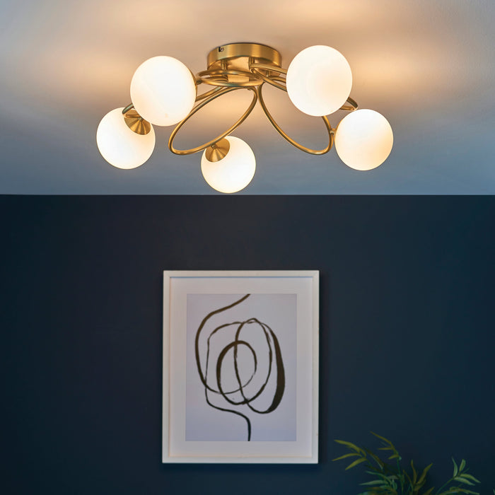 Endon 95291 Ellipse 5lt Semi flush Satin brass plate & matt opal glass 5 x 3W LED G9 (Required) - westbasedirect.com