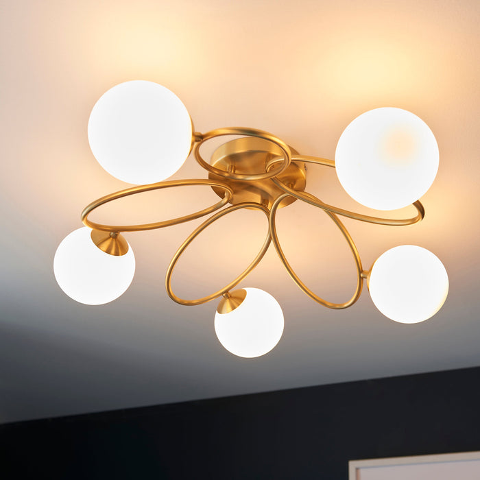 Endon 95291 Ellipse 5lt Semi flush Satin brass plate & matt opal glass 5 x 3W LED G9 (Required) - westbasedirect.com