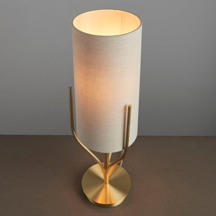 Endon 95467 Fraser 1lt Table Satin brass plate & natural linen mix fabric 10W LED E27 (Required) - westbasedirect.com