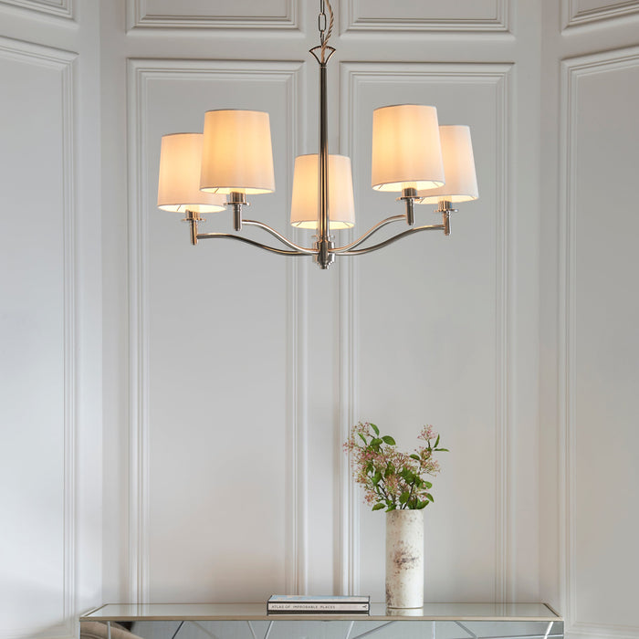 Endon 95826 Ortona 5lt Pendant Bright nickel plate & vintage white fabric 5 x 6W LED E14 (Required) - westbasedirect.com