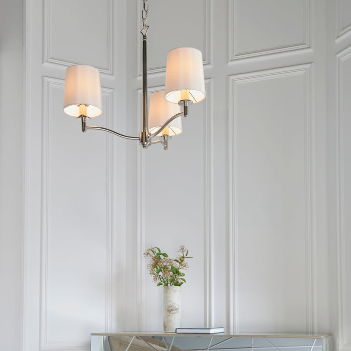 Endon 95828 Ortona 3lt Pendant Bright nickel plate & vintage white fabric 3 x 6W LED E14 (Required) - westbasedirect.com