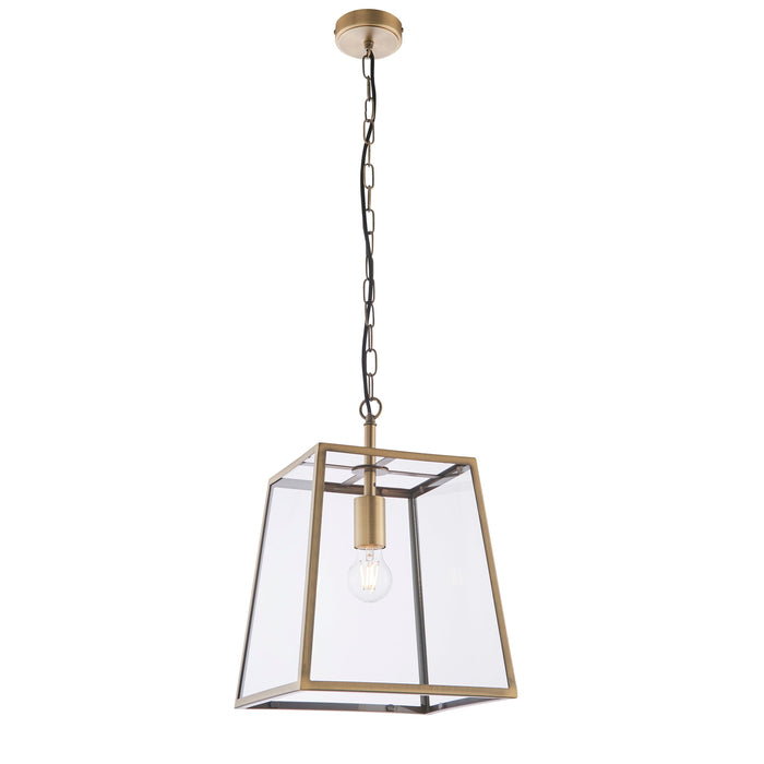 Endon 95835 Hurst 1lt Pendant Matt antique brass plate & clear glass 10W LED E27 (Required) - westbasedirect.com