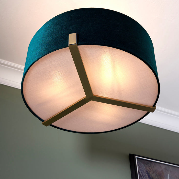 Endon 95839 Hayfield 3lt Pendant Matt antique brass plate & green velvet 3 x 10W LED E27 (Required) - westbasedirect.com