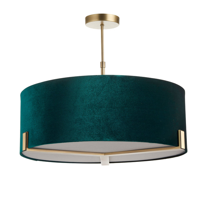 Endon 95839 Hayfield 3lt Pendant Matt antique brass plate & green velvet 3 x 10W LED E27 (Required) - westbasedirect.com