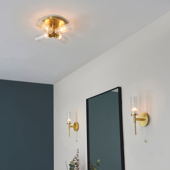 Endon 96160 Talo 4lt Semi flush Satin brass plate & clear ribbed glass 4 x 3W LED G9 (Required) - westbasedirect.com