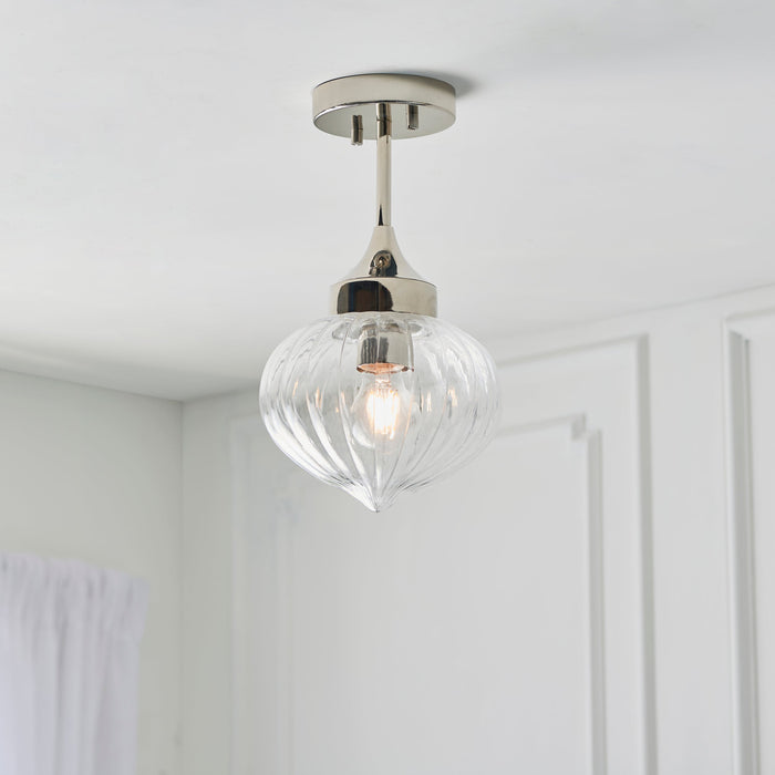 Endon 96169 Addington 1lt Semi flush Bright nickel plate & clear ribbed glass 10W LED E27 (Required) - westbasedirect.com