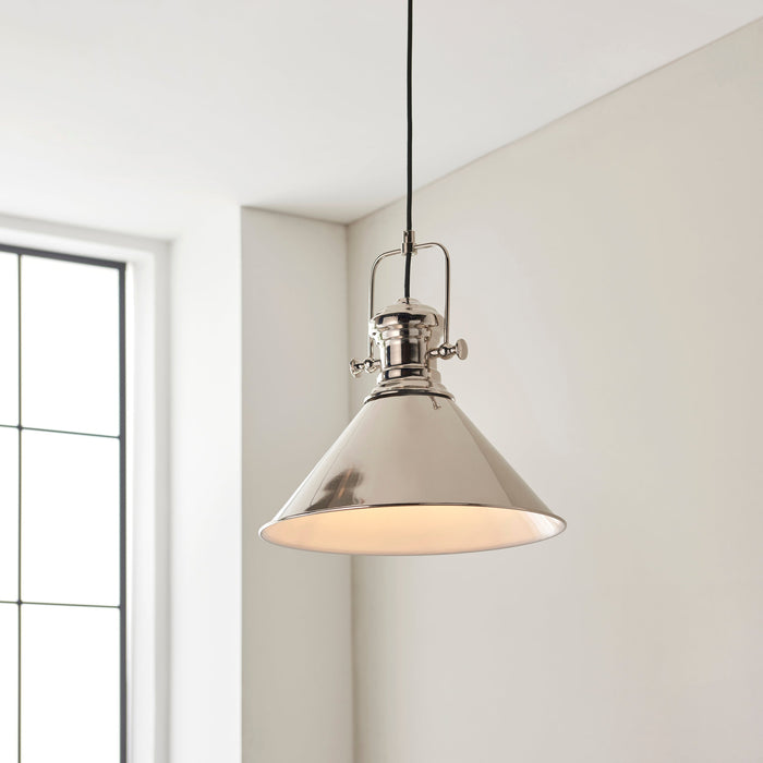 Endon 96178 Brampton 1lt Pendant Bright nickel plate & gloss white 10W LED E27 (Required) - westbasedirect.com