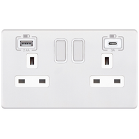 Selectric 5MPLUS-963 5M-PLUS Screwless 2 Gang 13A Switched Socket Outlet with 1x USB Type-A (2.4A) & 1x USB Type-C (3A) - Matt White, White Insert