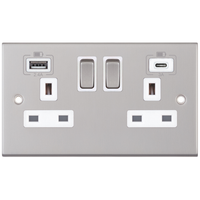 Selectric DSL163 5M 2 Gang 13A Switched Socket Outlet with 1x USB Type-A (2.4A) & 1x USB Type-C (3A) - Satin Chrome, White Insert