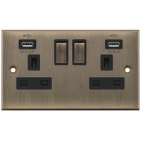 Selectric DSL661 5M 2 Gang 13A Switched Socket Outlet with 2x USB Type-A (2.1A/1A) - Antique Brass, Black Insert
