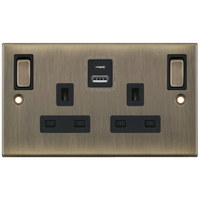 Selectric DSL686 5M 2 Gang 13A Switched SP Socket Outlet (Outboard Rockers) + 2 Earth Terminal with 1x USB Type-A (2.4A) & 1x USB Type-C (3A) - Antique Brass, Black Insert