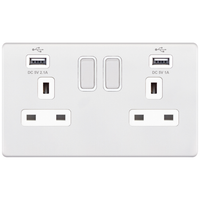 Selectric 5MPLUS-961 5M-PLUS Screwless 2 Gang 13A Switched Socket Outlet with 2x USB Type-A (2.1A/1A) - Matt White, White Insert