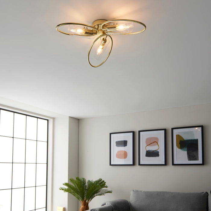 Endon 97228 Amari 3lt Semi flush Polished brass plate & clear glass 3 x 6W LED E14 (Required) - westbasedirect.com