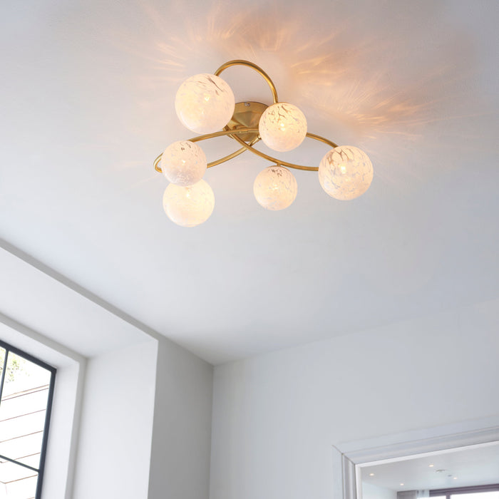 Endon 97233 Maye 6lt Semi flush Satin brass plate & white confetti glass 6 x 3W LED G9 (Required) - westbasedirect.com