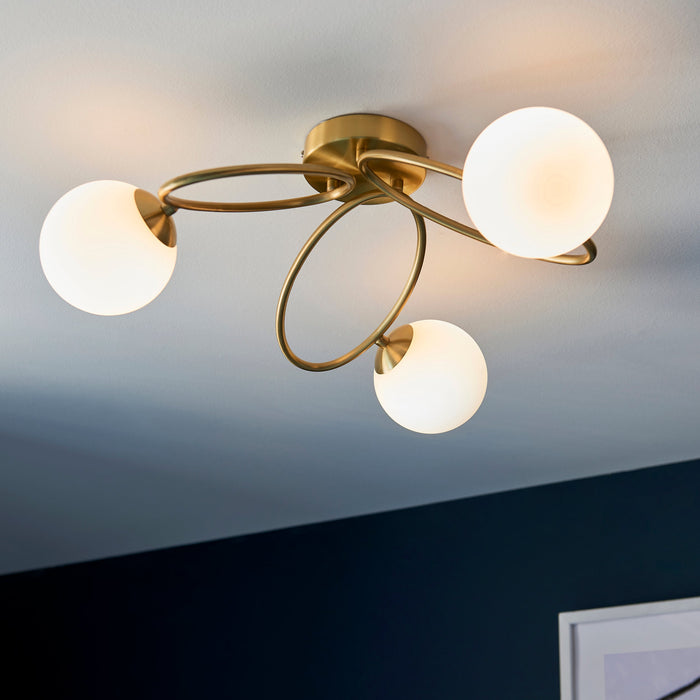 Endon 97234 Ellipse 3lt Semi flush Satin brass plate & matt opal glass 3 x 3W LED G9 (Required) - westbasedirect.com