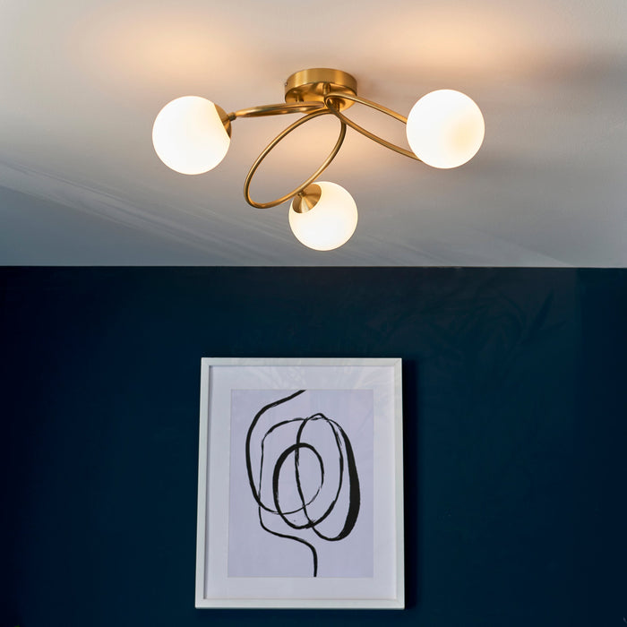 Endon 97234 Ellipse 3lt Semi flush Satin brass plate & matt opal glass 3 x 3W LED G9 (Required) - westbasedirect.com