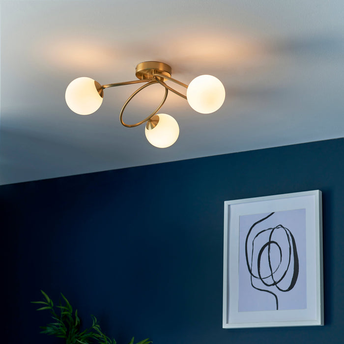 Endon 97234 Ellipse 3lt Semi flush Satin brass plate & matt opal glass 3 x 3W LED G9 (Required) - westbasedirect.com