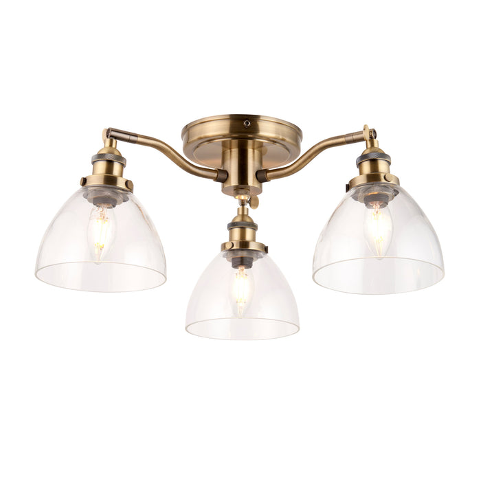 Endon 97247 Hansen 3lt Semi flush Antique brass plate & clear glass 3 x 7W LED E14 (Required) - westbasedirect.com