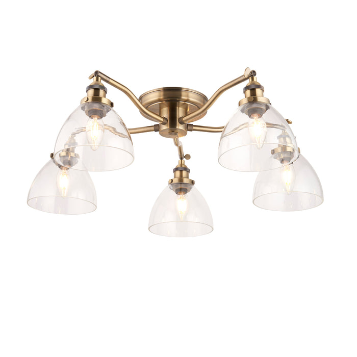 Endon 97248 Hansen 5lt Semi flush Antique brass plate & clear glass 5 x 7W LED E14 (Required) - westbasedirect.com