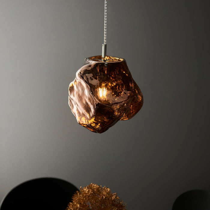 Endon 97655 Rock 1lt Pendant Copper metallic glass & chrome plate 10W LED E27 (Required) - westbasedirect.com