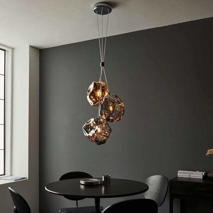 Endon 97657 Rock 3lt Pendant Chrome metallic glass & chrome plate 3 x 10W LED E27 (Required) - westbasedirect.com