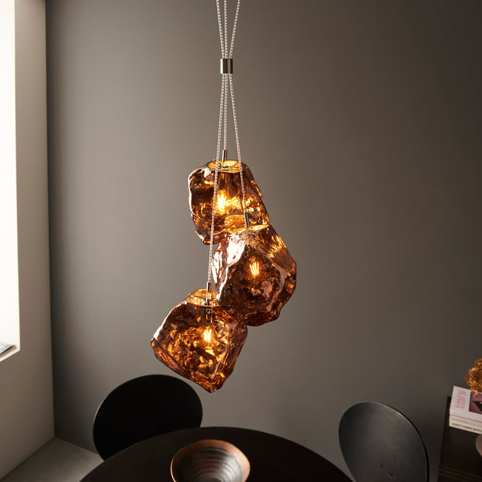 Endon 97659 Rock 3lt Pendant Copper metallic glass & chrome plate 3 x 10W LED E27 (Required) - westbasedirect.com