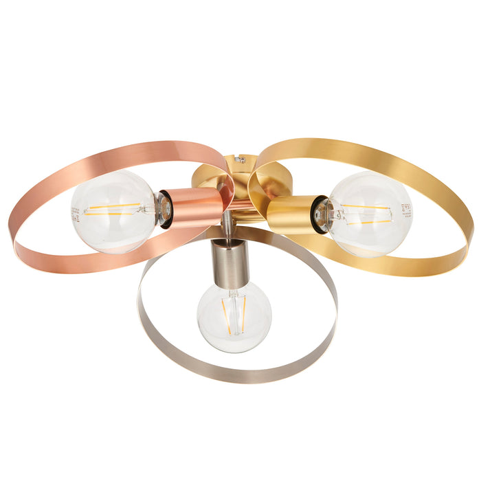 Endon 97663 Hoop 3lt Semi flush Brushed brass, nickel & copper plate 3 x 10W LED E27 (Required) - westbasedirect.com