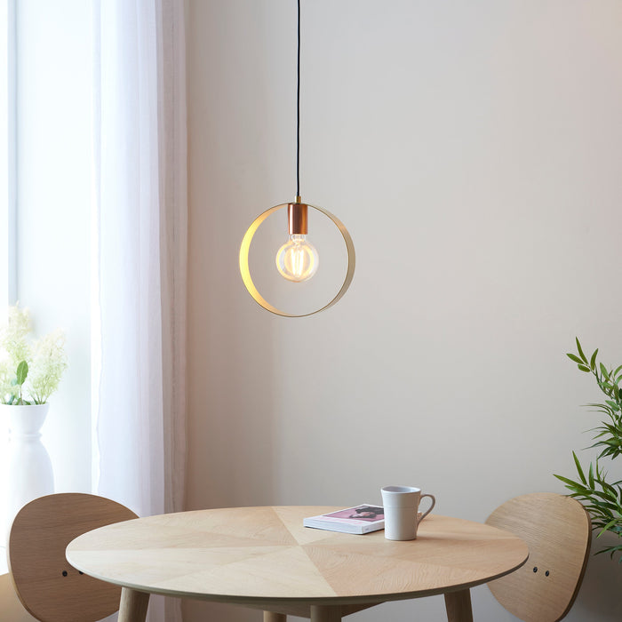 Endon 97664 Hoop 1lt Pendant Brushed brass, nickel & copper plate 10W LED E27 (Required) - westbasedirect.com
