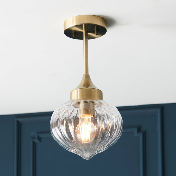 Endon 97684 Addington 1lt Semi flush Antique brass plate & clear ribbed glass 10W LED E27 (Required) - westbasedirect.com