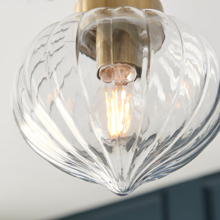 Endon 97684 Addington 1lt Semi flush Antique brass plate & clear ribbed glass 10W LED E27 (Required) - westbasedirect.com