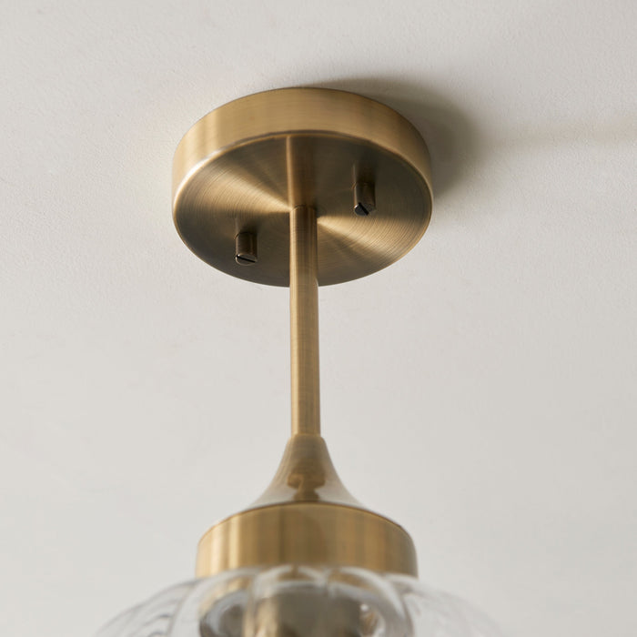 Endon 97684 Addington 1lt Semi flush Antique brass plate & clear ribbed glass 10W LED E27 (Required) - westbasedirect.com