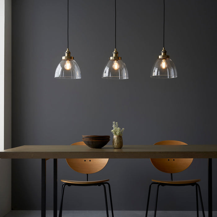 Endon 98114 Hansen 3lt Pendant Antique brass plate & clear glass 3 x 10W LED E27 (Required) - westbasedirect.com