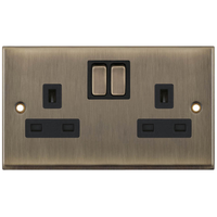 Selectric 7MPRO-651 7M-PRO 2 Gang 13A Switched SP Socket Outlet - Antique Brass, Black Insert