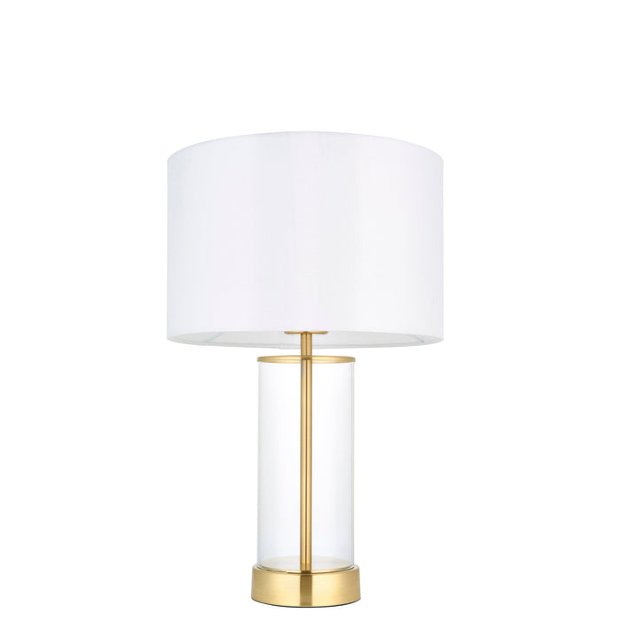 Endon 98810 Lessina 1lt Table Satin brass plate, clear glass & vintage white fabric 10W LED E27 (Required) - westbasedirect.com