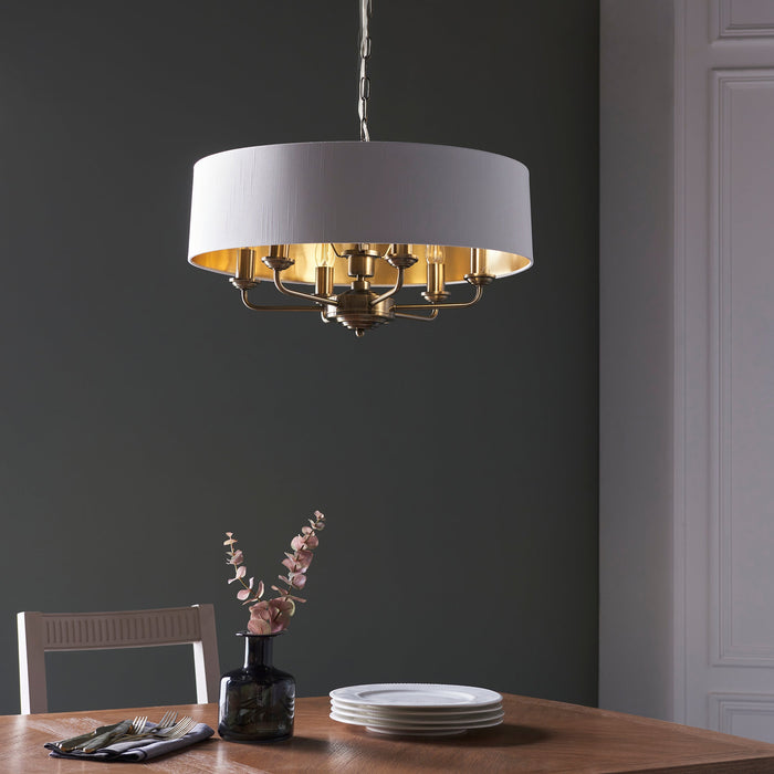 Endon 98933 Highclere 6lt Pendant Antique brass plate & vintage white fabric 6 x 40W E14 candle (Required) - westbasedirect.com